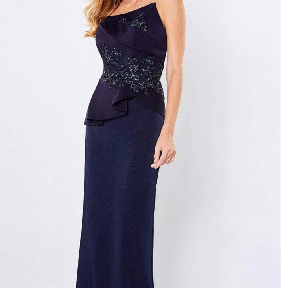 Montage by Mon Cheri Navy One-Shoulder Beaded Peplum Gown